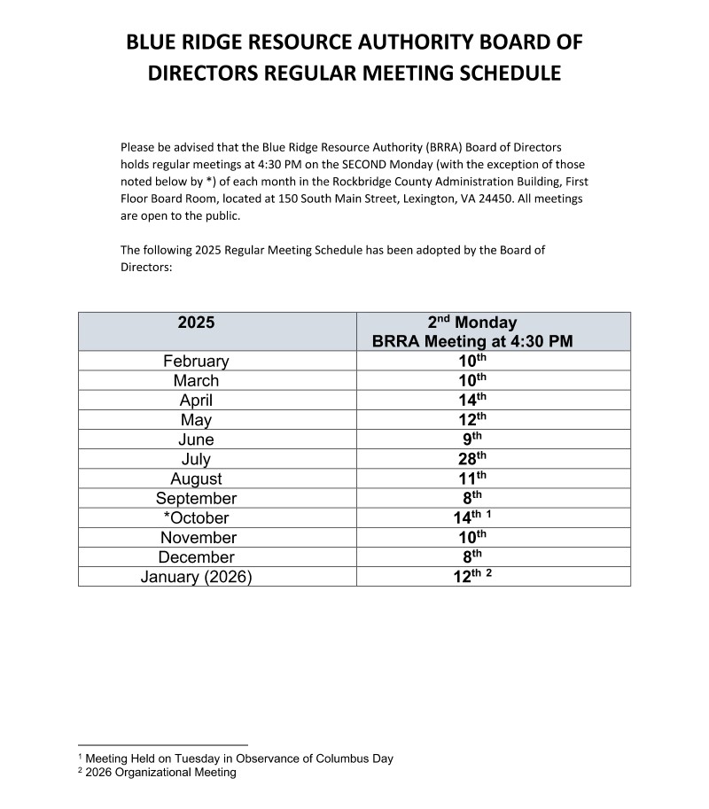 CY25 BRRA Board Meeting Schedule
