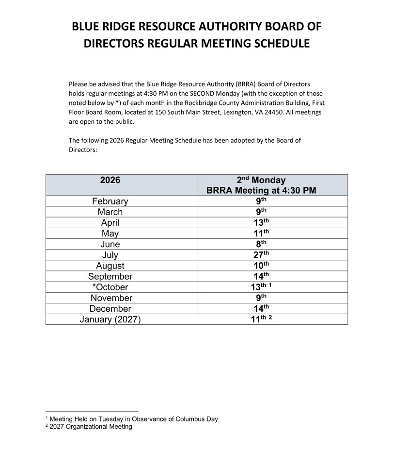 CY26 BRRA Board Meeting Schedule